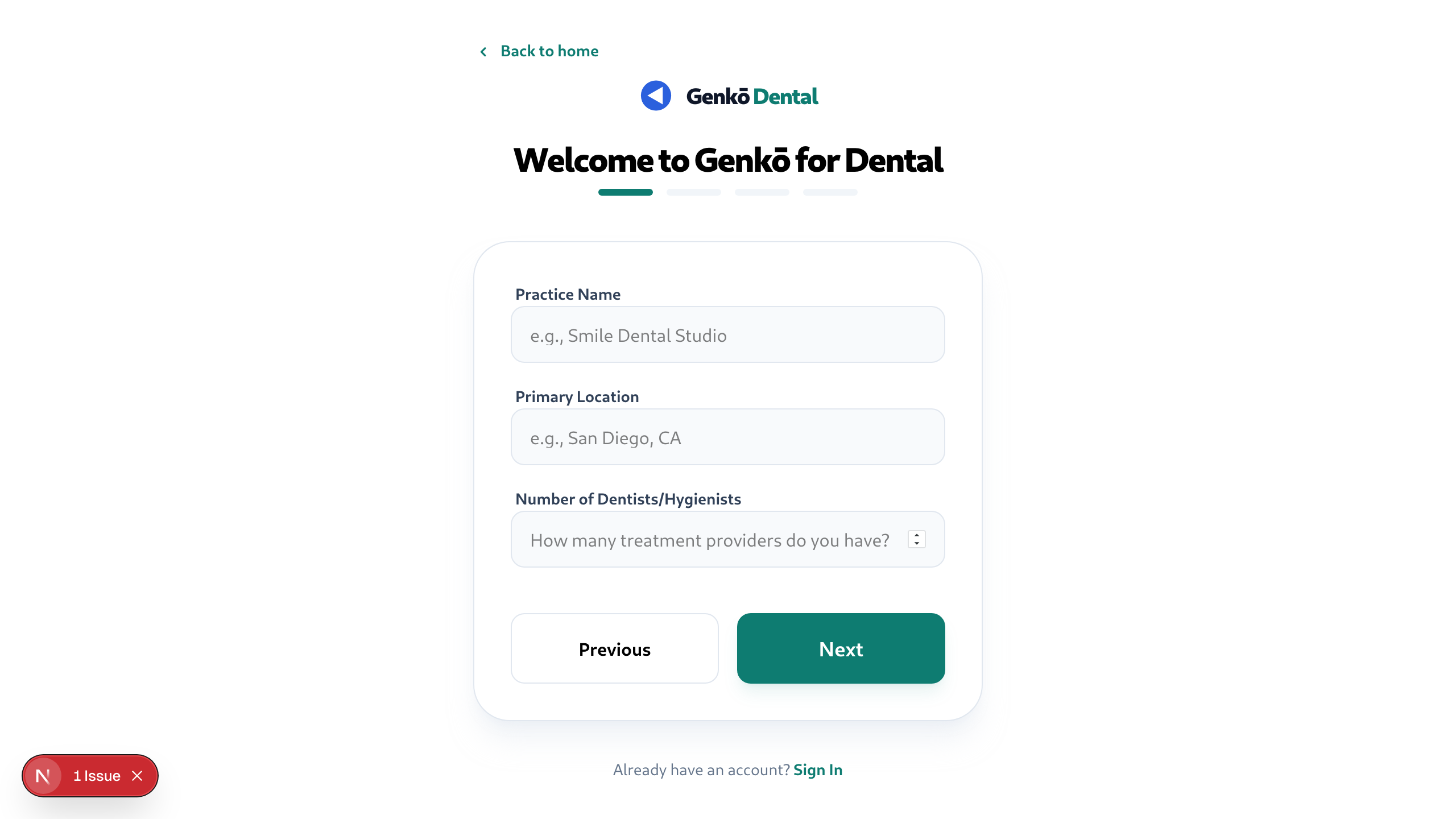 Onboarding wizard — practice details step